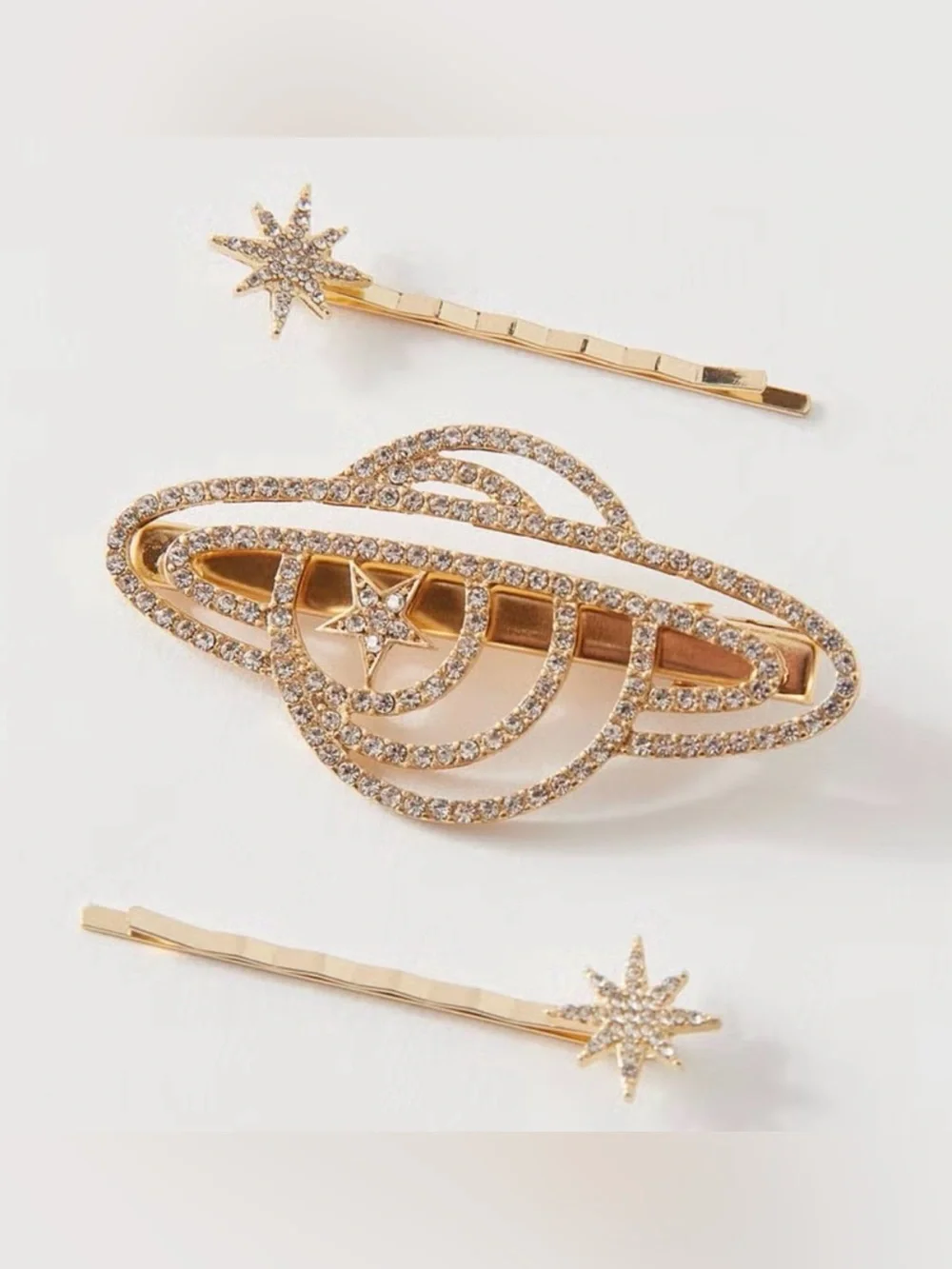 Urban Outfitters Gold Crystal Rhinestone Sparkly Planet Hair Clip Set